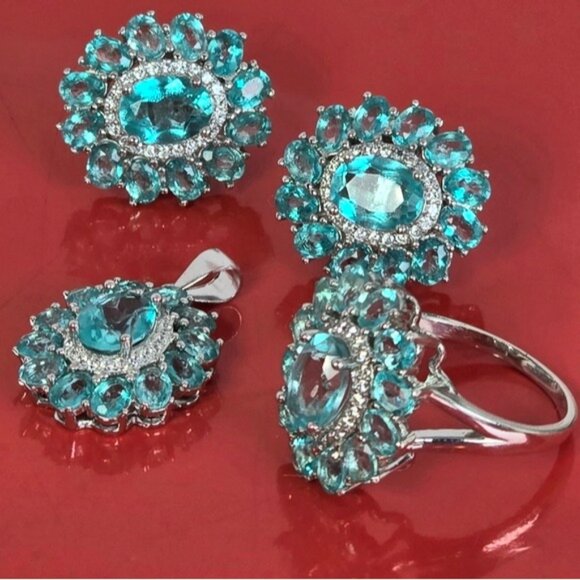 925 Sterling Silver Jewelry Set with Natural Paraiba Topaz Gemstone & Cz - Picture 14 of 14